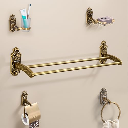 Image of Plantex Aluminium Antique Bathroom Accessories Set Of 5-Pcs /Bathroom Hardware Set (Towel Rod /Napkin Ring /Paper Holder /Soap Dish /Tumbler Holder), Gold
