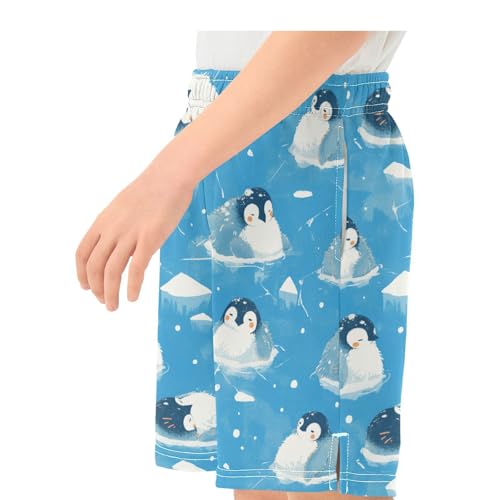 Boys Athletic Shorts with Pockets Blue Fluffy Penguin Running Basketball Shorts for Youth Elastic Waist Size 7-8 7