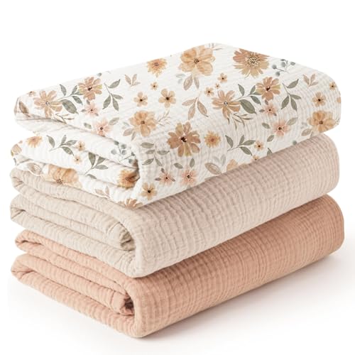 Image of Konssy 3 Pack Muslin Swaddle Blankets for Unisex, Newborn Receiving Blanket, Large 47 x 47 inches, Soft Breathable Muslin Baby Swaddles for Boys & Girls