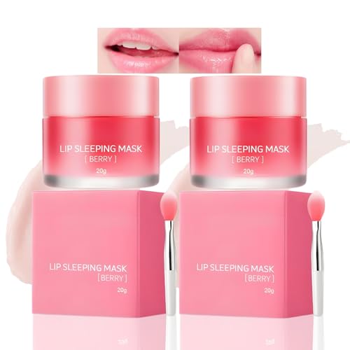 Image of 2 Pack Lip Mask Lip Sleeping Mask Overnight Skincare Oils Moisturiser for Dry Rough Strawberry Cherry Balm with Spatula Helps Comfort (Pink-2Pcs)