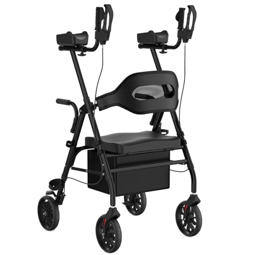 Image of Upright Rollator Walker, Heavy Duty Stand Up Walkers for Seniors with Seat and Reversible Backrest, Foldable Standing Rollator with 8 inch Anti-Slip PU Wheels, Black