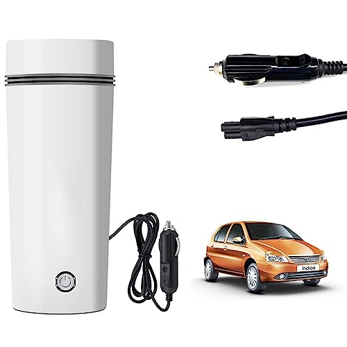 Image of Oshotto 12V Portable Electric Water Bottle for Hot Water Tea Coffee Kettle Mug Multipurpose Food Grade Fast Boil Auto Shut-off For Travel Camping, Road Trip Compatible with Tata Indica (350ml) - White