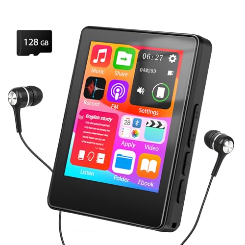 Taichaeu 128GB MP3 Player mit Bluetooth - 2.4 in Full Touch Screen, FM Radio, Recorder, HiFi Sound, One-Tap Mute Key, Unterstützt Erweiterung bis zu 512GB, Wired Headset im...