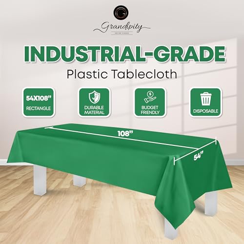 Image of Grandipity Plastic Table Cloth Disposable 12 Pack 54 inch x 108 inch Rectangle | Green Plastic table covers, durable disposable tablecloths, fade and tear-resistent table cover for party, event