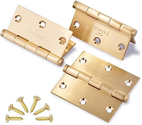 Door Hinges, 3 1/2 x 3 1/2 Inch Hinges for Wood Hardware Heavy Duty Hinges Ball Bearing 3.5in Matte Sangding Brass Hinges Square Corners Included Screw - Set of 3 Hinges(Satin Brass)