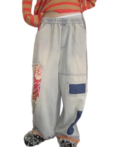 NFYM Womens Patchwork Cropped Jeans Frayed Patch Denim Elastic Waist Wide Leg Pants with Pockets