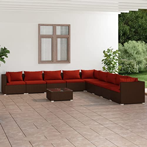 CHARMMA 10 Piece Patio Lounge Set with Cushions Poly Rattan Brown-136