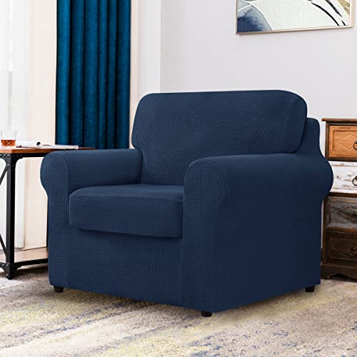 Chun Yi 3 Piece Stretch Armchair Sofa Cover, 1 Seater Couch Slipcover With One Separate Backrest And Cushion With Elastic Band, Checks Spandex Jacquard Fabric(Small,Dark Blue) #TOP1