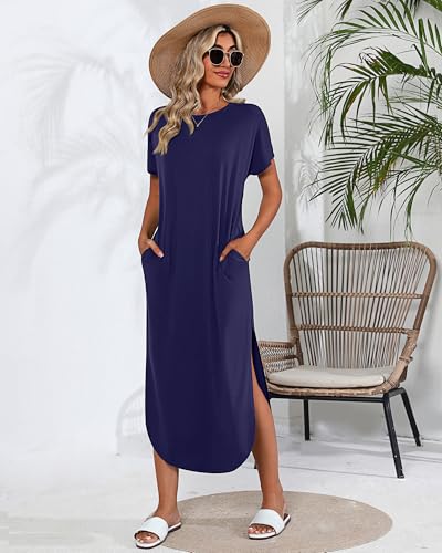 Image of Riyiper 2 Pieces Women's Short Sleeve Maxi Dress Round Neck Casual Loose Split Long Summer Beach Shirt Dress with Pockets (Navy Blue, Wine Red,Small)