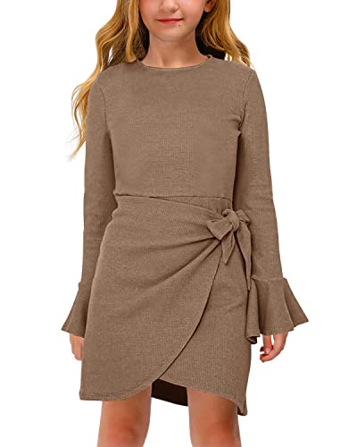 Girl's Midi Dresses Solid Waffle Knit Dress Flared Long Sleeve Belted Dress for Kids