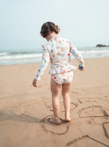 Image of Girls One Piece Swimsuits Zipper Rash Guard Long Sleeve Bathing Suit with Ruffle Hem UPF50+