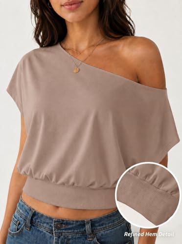 Image of SOFIA'S CHOICE Women's Off The Shoulder T Shirt Crop Top Casual Summer Dolman Sleeve Asymmetrical Cinched Waist Tops