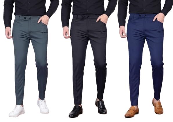 Image of Men Slim Fit Formal Trousers | Stylish Ankle Length Stretchable Office Pants | Men's Comfortable Slim Fit Trousers Combo Pack of 3