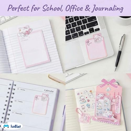 Image of FunBlast Cute Cat Sticky Notes - Cat Memo Pad, Kawaii Sticky Note for Kids & Girls, Self Adhesive Notes and Bookmark, Stationery Gift for School, Office & Personal Use (Pink)