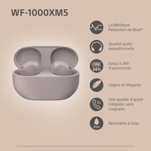 Sony WF-1000XM5 -écouteurs sans Fil à réduction de Bruit, Bluetooth, écouteurs Intra-Auriculaires avec Micro, 24h d'autonomie, Charge Rapide, IPX4, Compatible iOS et Android - Rose