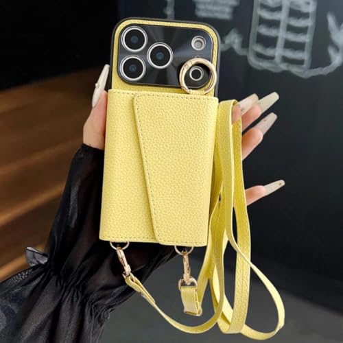 Étui portefeuille iPhone 13 jaune avec porte-carte dragonne cuir et miroir de maquillage