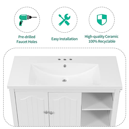Recaceik 36 Inch Bathroom Vanity And Sink, Wood Cabinet Basin Vessel Sink Set Bathroom Sink Vanity Combo With Shelves And Drawers, Freestanding Single-Sink Bathroom Vanity Base Storage Cabinet, White #TOP7