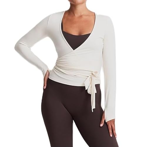 BABWWNIX Y2k Ballet Pilates Wrap Top for Women Long Sleeve Deep V Neck Tie Front Workout Yoga T Shirt Blouses Sports Tops (C-White, M)
