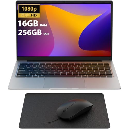 Laptop 14 Zoll FHD Display, 16GB RAM, 256GB SSD TF Erweiterung, Celeron N4120 bis zu 2,6GHz, 5G WiFi, 1920x1080 FHD, inkl. Maus & Mauspad – Win 11 Tragbarer Laptop für Homeoffice, Studium, Streaming 1