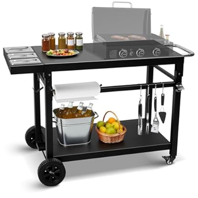 Wanchao Black Cast Iron 2-Shelf Grill Cart with Wheels,Heavy Duty Pizza Oven Stand for Blackstone Ninja,Outdoor Cooking Station with Durable Tabletop