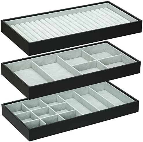 ORIGIA Magic Stackable Jewelry Trays Closet Dresser Drawer Organizer for Accessories, Gadgets & Cosmetics, Storage Display Showcase Holder Box, Set of 3