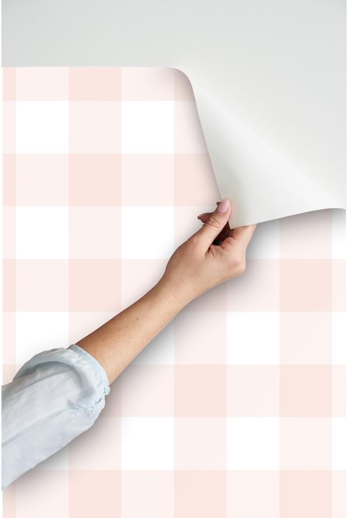 Peel & Stick Wallpaper 3ft x 2ft - White Gingham Check Plaid Pink Buffalo Large Blush Minimalist Custom Removable Wallpaper by Spoonflower