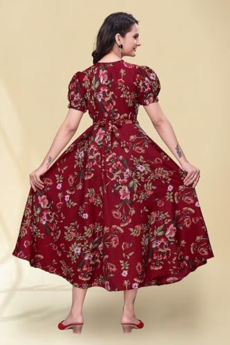 Image of Women's A-Line Crepe Maxi Dress | Stylish Fit and Flare Dress with Round Neck Short Puff Sleeves for Casual Wear