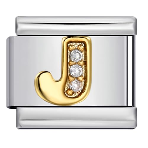 Mon & Sons J Crystal 18k Letter Initial Name Tag Alphabet Personalised Birthday Silver Italian 9mm Link Stainless Steel Bracelet Charm Compatible With 9mm Link