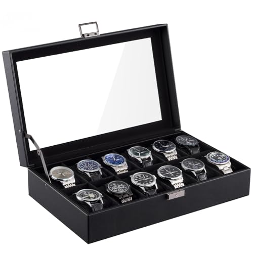 ProCase 腕時計ケース 12本 ウォッチボックス 男性向け 大容量 PUレザー ジュエリーオーガナイザー ディスプレイ収納ケース ガラス蓋付き -オールブラック