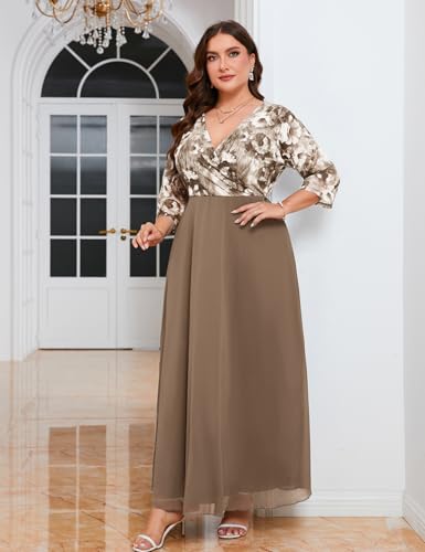 Image of ZOMVA Plus Size Maxi Formal Dress Lace Chiffon Floral V-Neck Wrap Wedding Guest Evening Gown Cocktail Prom 3 /4 Sleeves
