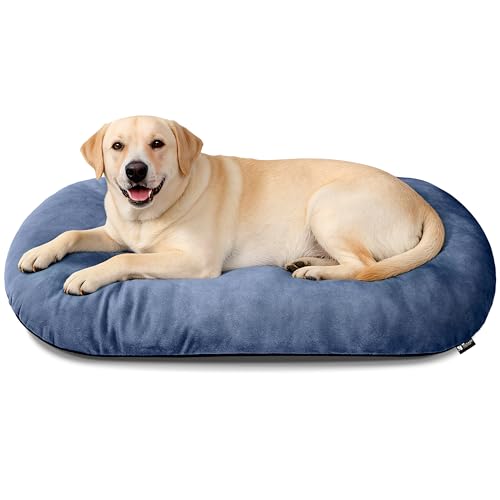 Image of Washable Oval X-Large Dog Bed, Silver-Tipped High-Resilience, Dusty Blue | Non-Slip Bottom Prevents Sliding, Soft Plush Short Fur, Machine Washable, Ideal for Crates /Apartments /Cozy Nooks,41 inchx27 inchx3.6 inch