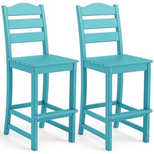 Image of Tangkula Patio HDPE Barstool, Outdoor High Top Bar Chair w /Backrest & Footrest, All-Weather Wood-Plastic Bar Height Chair for Poolside, Backyard, Porch (2, Turquoise)