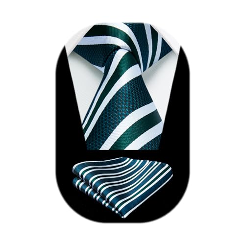 Image of HISDERN Stripe Tie Mens Ties with Pocket Square Set Classic 3.4'' Silk Formal Necktie Handkerchief for Business Wedding