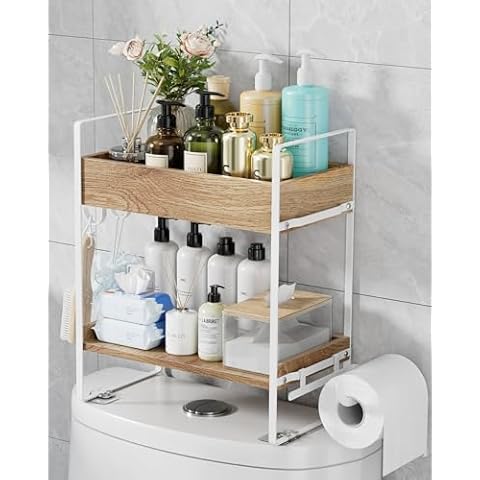 Lorbro Over The Toilet Storage, Over Toilet Shelf Organizer with Adhesive Base, Wooden 2-Tier Over Toilet Bathroom Organizer with 2 Hooks for Paper Towels Holder Shampoos, Space Saver, Gifts, White Cover