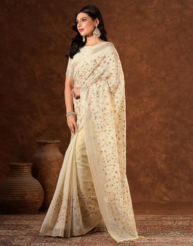 Image of SIRIL Women's Cotton Linen Embroidery Work Saree with Unstitched Blouse Piece