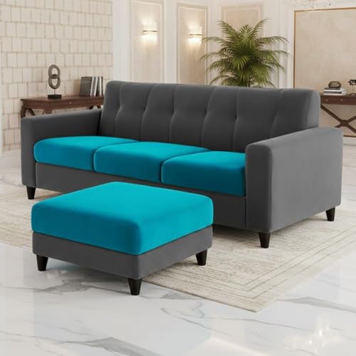 Image of Homeboy 4 Seater L Shape Sofa Set with Movable Ottoman | Flexible Left or Right Layout | Luxe Velvet Suede Fabric | Comfortable Seating | Modern Sofa for Living Room -Dark Gray - Aqua Blue