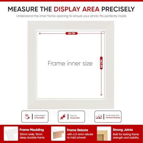 Alison Kingsgate Modern 40X40CM White Picture Frames - Engineered Wood Photo Frame with Shatterproof Perspex Front - Ideal for Posters, Certificates & Artwork - Wall Mount or Tabletop Display