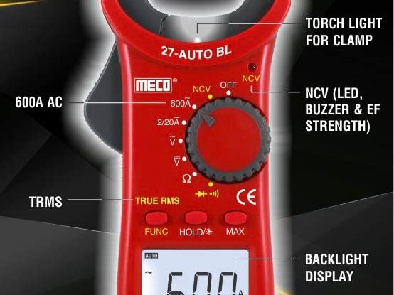 Image of Hty MECO Instrument 27 Auto BL 600A AC Auto Ranging 3 Digit 2000 Counts Temp Digital Clamp Meter Digital Multimeter (Red 2000 Counts)