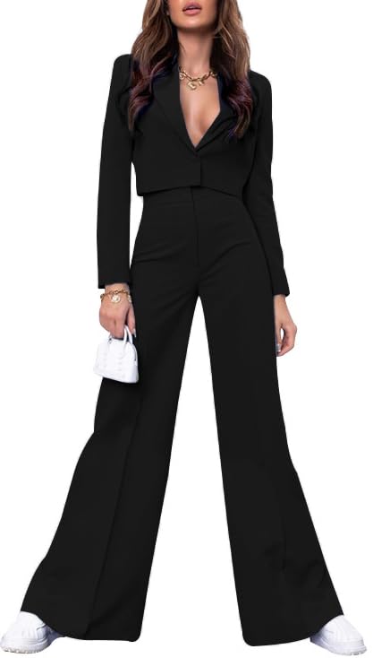HipGlamp Womens Formal Long Sleeve Cropped Blazer Wide-Leg Pant Suit Set with Deep V Neck Business to Cocktail