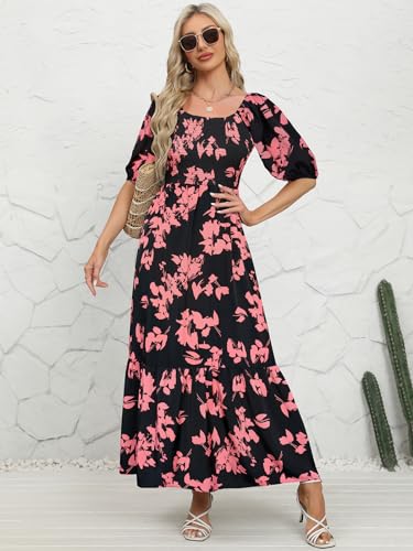 Image of Lyrur Summer Boho Smocked Maxi Dresses for Women Casual Puff Sleeve Square Neck A Line Tiered Ruffle Ankle Length Dress