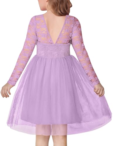 Arshiner Flower Girl Dress V Back Lace Long Sleeve Tulle Special Occasion Wedding Party Dresses