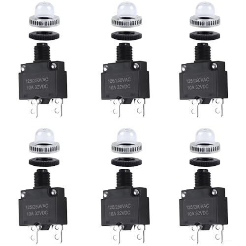 JIQI 6pcs 10A Circuit Breakers,125/250VAC Push-Button Manual Reset Overload Protection switches with 6pcs Waterproof Button caps,Suitable for Household Appliancesï¼ŒMedical Electrical System