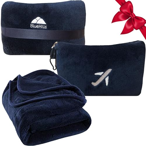 BlueHills Premium Soft Travel Blanket Pillow in Mini Soft Case Plush Airplane Blanket Compact Pack...