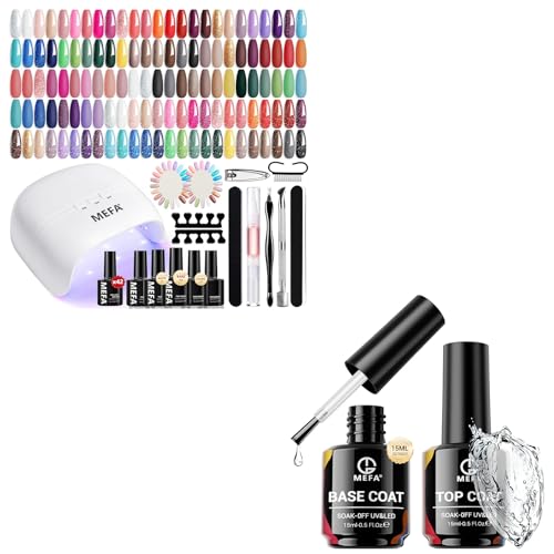 MEFA 42 Colors Gel Nail Polish Kit with U V Light and 2 Pcs 15ml Gel Top Coat and Base Coat Set, 59 Pcs All Seasons Collection Colorful Gel Polish Essential Set with 5 Psc Matte/Glossy Base Top Coat,