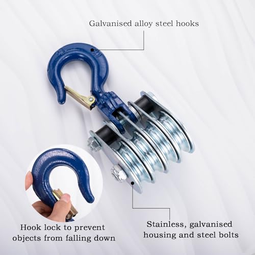 SHINICO 1Ton Four Cable Pulley Block, Heavy Duty Pulley System, Lifting Block Hoist with Hook and 65ft/20m Nylon Rope 0.39\"/10mm