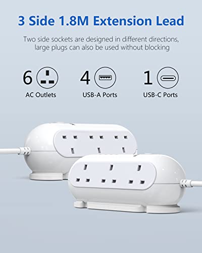 Mscien Extension Lead with USB Slots, 6 Way Sockets 5 USB(1 USB- C and 4 USB-A Port) with 1.8 Metres Extension cord - Image 2