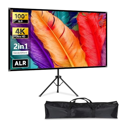 IN&VI ALR Beamer Leinwand 4K HD Mit Stativ 100 Zoll 16:9, Tragbar, Leicht und Kompakt - Ideal für Heimkino, Innen/Außen Filme