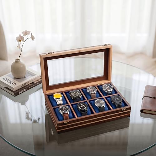 Image of Mens watch box, Watch display case, Indian Rosewood watch box organizer for men, Velvet lining glass lid, Solid Gift for Him, Made for Special Occasions (Dark brown - 8 room - 2)