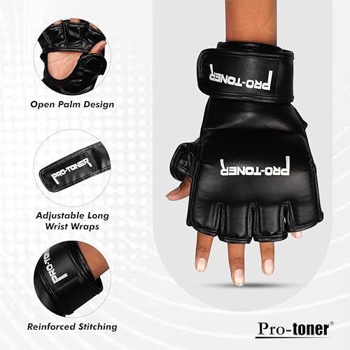 Image of Protoner Martial Arts Training Gloves - MMA Kickboxing Grappling Gloves with Thich Pad | All in One Kickboxing,Boxing, Street Fight, Mitts | (MMA Black)