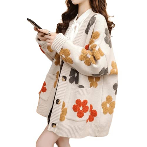 Women Korean Flower Kimono Cardigan Fall Winter Warm Knitted Sweater Preppy Retro Loose Casual Sweatshirt Outerwear